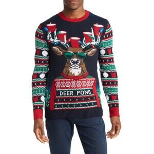 Ugly Christmas Sweater Deer Pong Holiday Fair Isle in Blue Twilight